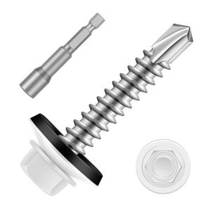 #10 x 1-1/2" Zinc Plated Steel Self Drilling Roofing Screws, Hex Head Self Tapping Screws with EPDM Washer, White Head, 100 PCS