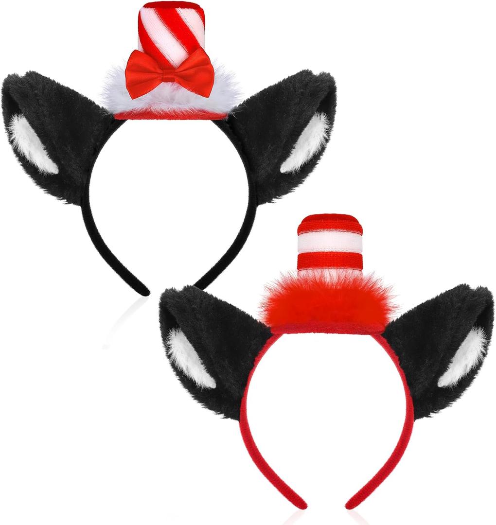 RUODON 2 Pieces Cat Ears Headband with Hat Costume Headband with Stovepipe Hat Cute Headwear Cosplay Accessories for Stage Show, Costume Party, School Festivals