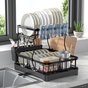 2 Tier Dish Rack, Carbon Steel Dish Drying Rack for Kitchen Organization & Storage, Countertop / Sink Dish Rack with Automatic Drain Tray, Large Capacity Black Dish Rack - Essential Home Kitchen Item