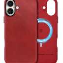 SHIELDON Genuine Leather Case for iPhone 16 Plus 6.7", Slim Wireless Charging Magnetic Non-Slip Anti-Scratch Shock-Absorbent Cover with Metal Buttons Compatible with iPhone 16 Plus 5G - Retro Red