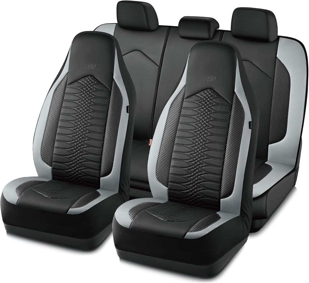 Skechers Memory Foam Car Seat Covers, Leather High Back Seat Covers Quilting Design,Waterproof Sports Car Seat Covers Full Sets,Airbag Compatible, Universal Fit for Most Cars, SUVs,Trucks,Gray
