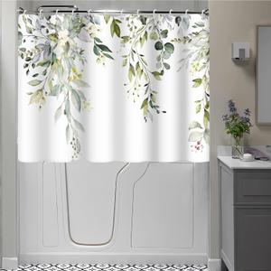 Short Shower Curtain, Waterproof Spring Green Eucalyptus Shower Curtain with Hooks for Walkin Tub or Step in Tub, 72x48 inch