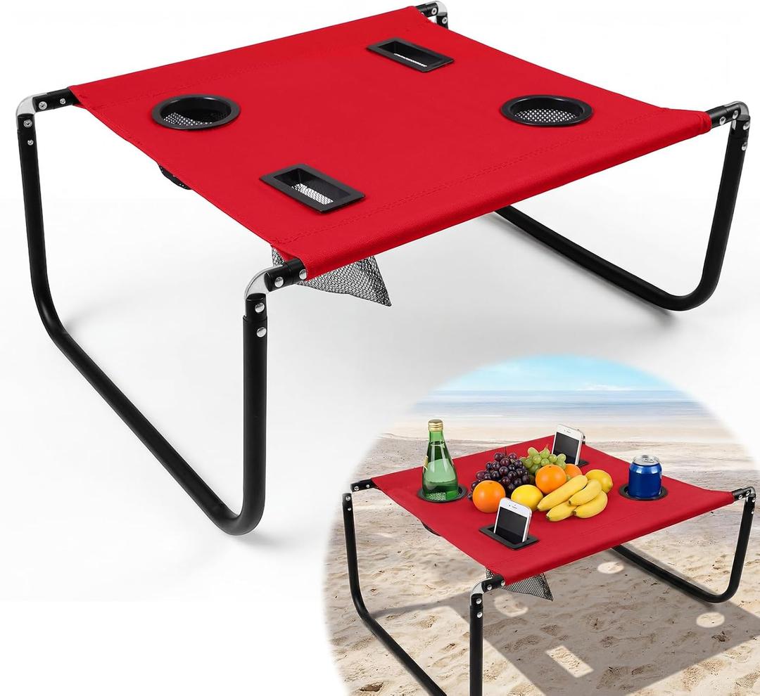Portable Beach Table Foldable Camping Picnic Table with Cup Holder and Phone Pockets Lightweight Stable for Tailgate Travel Fishing Hiking and Outdoor Adventures(Red, Solid Pattern)