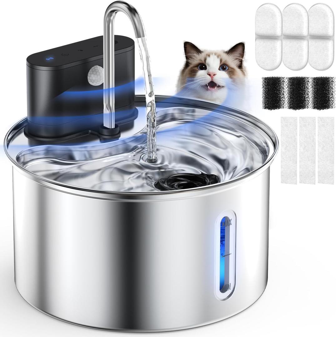 Cat Water Fountain Wireless Stainless Steel with Sensor 3.5L/118oz Battery Operated Rechargeable Automatic Water Dispenser Quiet Pump for Drinking Indoor, Easy Clean for Cats Dogs Pets
