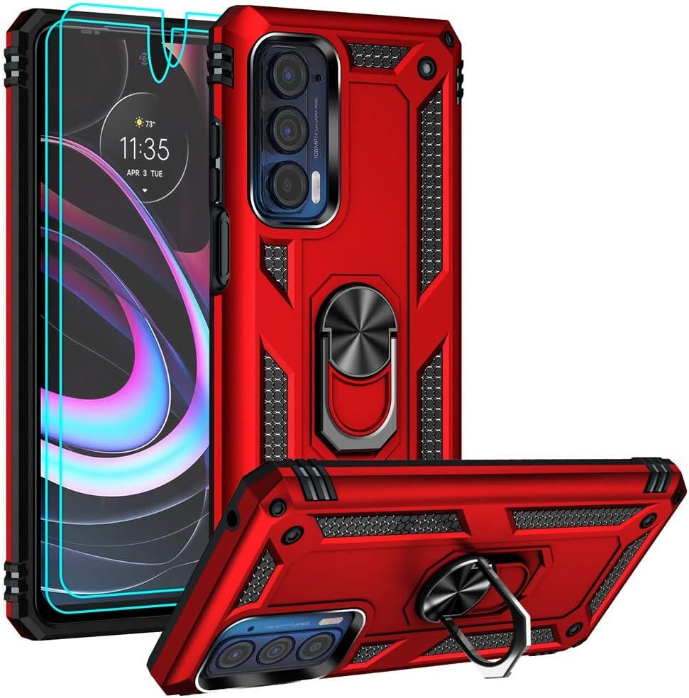 Androgate Compatible with Motorola Moto Edge 2021 Case - Moto Edge 5G UW Case with HD Screen Protectors, Military-Grade Metal Ring Kickstand, 15ft Drop Tested Shockproof Cover, Red
