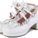 LUXMAX Women Cute Shoes Kawaii Pumps Mid Block Heel Mary Janes Platform Sweet Cosplay Dress Shoes Strappy Ankle Strap Pumps with Bow, Size 39
