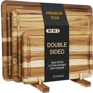 3-PieceTeak Wood Cutting Board Set with Stand for Kitchen, Chopping Boards with Deep Juice Groove, Charcuteire Butcher Block Gift for Chef Housewarming Wedding