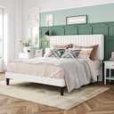 Allewie Full Bed Frame, Velvet Upholstered Platform Bed with Adjustable Vertical Channel Tufted Headboard, Mattress Foundation with Strong Wooden Slats, Box Spring Optional, Easy Assembly, Off-White