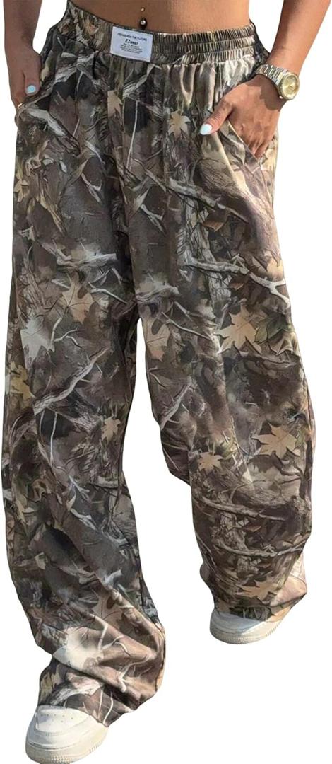 ZAFUL Women's Camo Cargo Pants Y2K Elastic High Waisted Wide Leg Casual Straight Pants Joggers Sweatpants with Patch Detail (S)