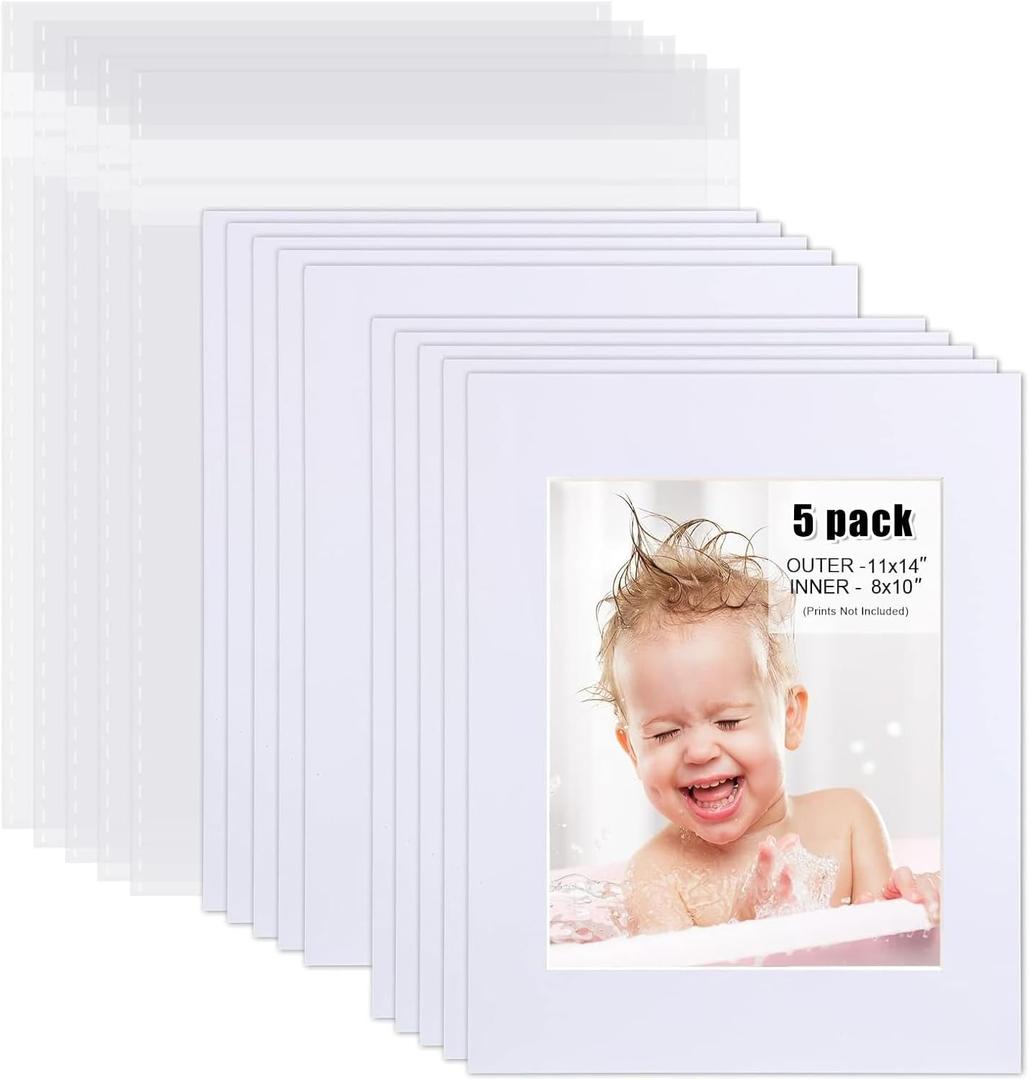 Egofine Pack of 5 White Pre-Cut Mat Board 11x14 Picture Mat for 8x10 Photo with White Core Bevel Cut Mattes Sets. Includes 5 High Premier Acid Free Mats & 5 Backing Board & 5 Clear Bags