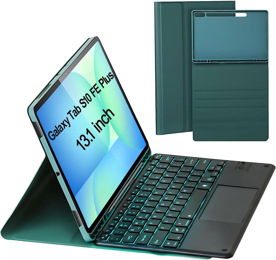Keyboard Case for Samsung Galaxy Tab S10 FE Plus/S10 FE+ 13.1-Inch 2025, Detachable 7 Colors Backlit Bluetooth Keyboard, Smart Touchpad, Folio Cover with S Pen Holder (Green)
