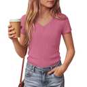 LessonZoo Girls Shirts Short Sleeve V Neck Ribbed Slim Fit Kids Tops Comfy Cute Summer Teen Girl Basic Tees(Peach Red,7-8 Years) (Pink)