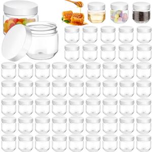 Tanlade 60 Pcs 3 oz Clear Plastic Jars with Lids Wide Mouth Mason Jars Mini Storage Containers Bulk for Herb Jelly Wedding Valentine Favors Shower Party Favors(White)