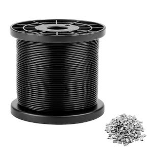 Black Vinyl Coated Wire Rope 328FT 304 Stainless Steel Wire Rope Cable 1/16" Vinyl Wires Ropes with 150PCS Aluminum Crimping Loop Sleeves for Hanging String Lights Plants and Lanterns