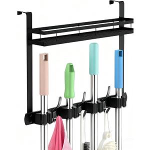 Broom Holder Over The Door Over Door Broom and Mop Rack Over The Door Hooks Organizer With4 Slots & 3 Hooks 1 Storage Basket For Laundry Room, Garage, Closet, Kitchen Decor (black)