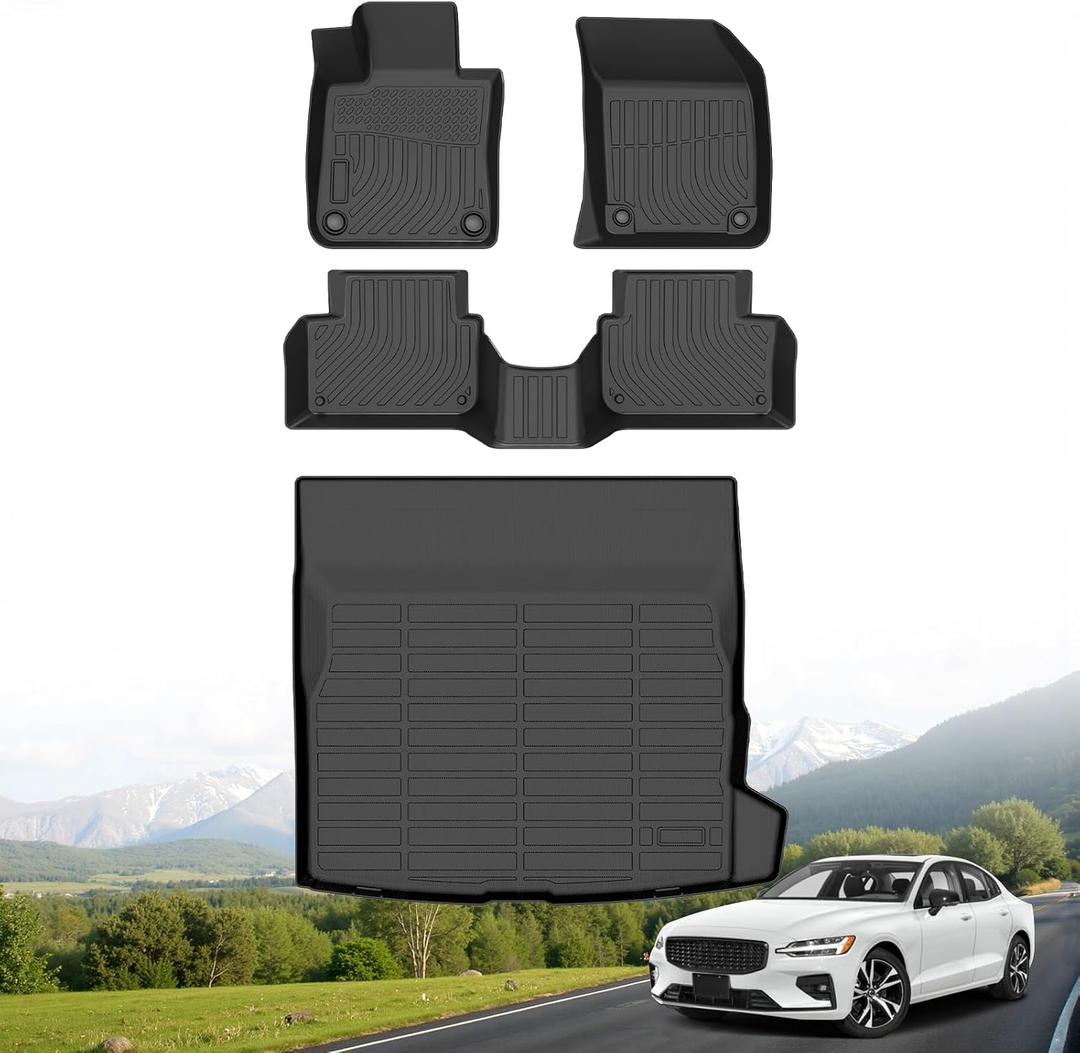Hutisya-Floor Mats & Cargo Liner Set Fit for 2019-2025 Volvo S60 (Not for Recharge) All Weather Protection Anti-Slip & Durable TPE Full Set Liners Automotive Accessories-Black