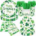 St. Patrick's Day Party Supplies - 144Pcs Lucky Shamrock Plates and Napkins Green Shamrock Tableware Decoration for St. Patrick's Day Birthday,Irish Party Supplies Serves 24