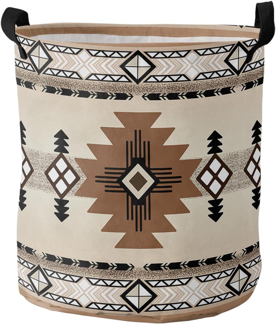 Boho Western Large Laundry Basket,Collapsible Bag with Easy Carry Handles,13.8x17in Waterproof Foldable Freestanding Hamper,Washing Bin Clothes Storage Round Southwest Native American Indian Geometric (USASHO0984)
