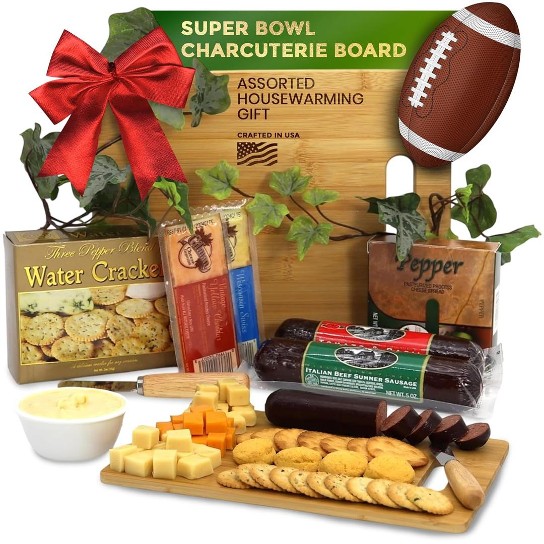 Gift Basket Village Charcuterie Board Gift Set Bamboo Cutting Board, Three-Pepper Crackers, Italian Sausage, Wisconsin Cheese, Cheese Spread, and Knife Wedding or Housewarming Gift (8 Piece Set), Best By: 10/14/2025