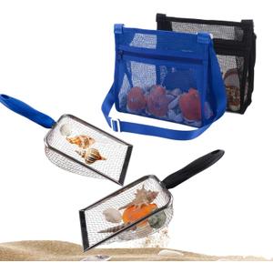 Beach Mesh Shovel with Mesh Shell Bags, Kids Filter Sand Scooper for Picking Up Shells,Shark Tooth Sifter Dipper for Boys and Girls,Beach Toys Accessories (Sapphire Blue+Black)