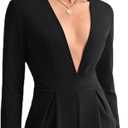 WDIRARA Women's Deep V Neck Long Sleeve High Waist Pleated Romper Jumpsuit (X-Large, Black)