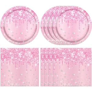 40 PCS Pink Birthday Decorations Light Pink Diamond Theme Birthday Disposable Tableware Paper Plates and Napkins for Wedding Baby Shower Serves 20