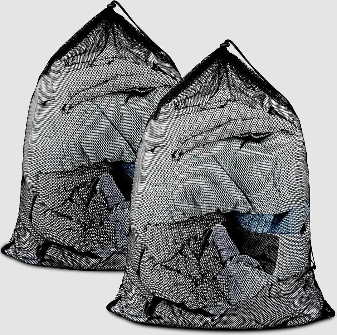 2 Pack Large Mesh Laundry Bags, 24" x 36" Heavy Duty Strong Drawstring Dirty Clothes Bags with Soft Breathable Net, Machine Washable Laundry Bag for College, Dorm, Camp, Travel and Family Use(Black)