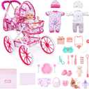 JIZHI Baby Doll Stroller Set, 27-Piece Foldable Doll Stroller with Baby Doll Accessories for Pretend Play, Feeding & Care Playset Gift for Girls 3+, Fits 12-Inch Dolls
