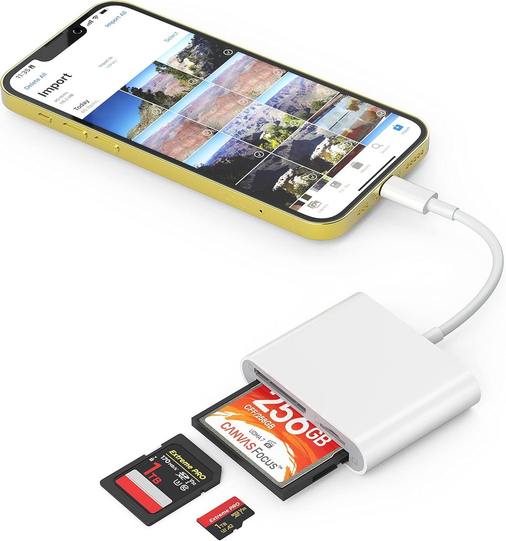 CF SD Card Reader for iPhone iPad, 3 in 1 Compact Flash Memory Card Reader Adapter, 3-Slot MicroSD CF SD Trail Game Digital Camera Viewer for iPhone 14/14 Pro/13/13 Pro No App Required (White&Grey (CF+SD+TF for Lightning))