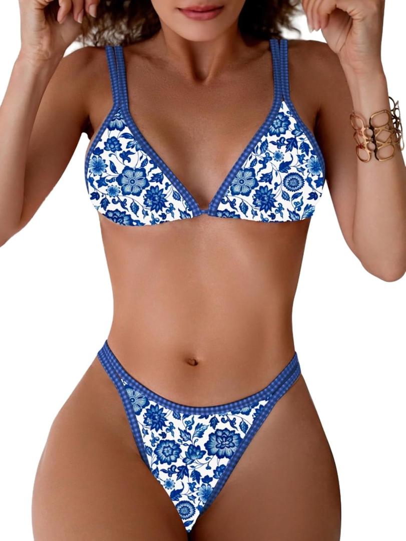 TASHEHE Women's Bikini Set High Leg Cut Double Straps Cute Triangle Swimsuit High Waist Two Piece Bathing Suit (Medium, Floral Blue / 402)