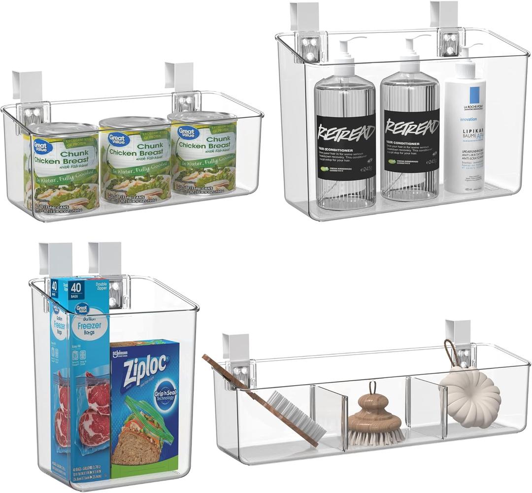 vacane Hanging Basket with Removable Hooks, Plastic Over Cabinet Door Organizer for Organizing Over the Cabinet Organizer Holder for Kitchen, Pantry, Bathroom-Hang Outside or Inside Door-4 Pack
