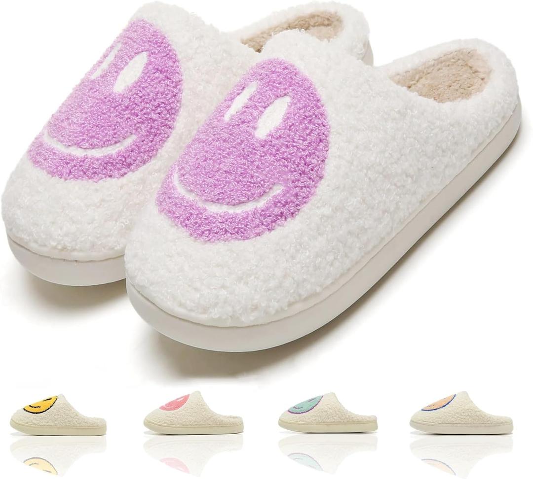 Cute House Slippers for Women Men with Memory Foam Retro Happy Face Cozy Indoor Outdoor Fuzzy Plush Shoes (6.5-7.5 Women/6-7 Men, Purple)