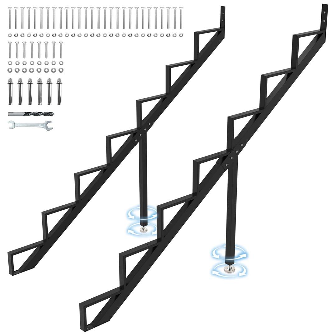 Steel Stair Step Riser 7-Step, Metal Stair Stringer with Reinforcing Support Legs, Heavy Duty Steel Stair Stringer for 58.5" Height Deck and Outdoor Steps (2 Pack)