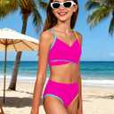 Girls Swimsuit Color Block Criss Cross V-Neck Contrast Trim Geometric Pattern Two Piece Girls Bikini Set (Pink, XS)