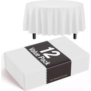 Exquisite 12-Pack Plastic Tablecloth 84 inch Round Value Pack Plastic Table Cover - White
