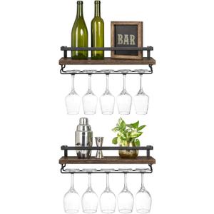 Mkono Wall Mounted Wine Rack Set of 2 Wood Rustic Wine Bottle Glass Floating Shelves with Stemware Hanger Modern Plants Photos Wine Display Storage Holder for Kitchen Dining Room Bar, 17 Inch (Brown)