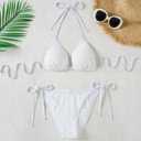 Women Texured Triangle Bikini Set Halter Two Piece String Sexy Swimsuit | contrast trim,tie side,high cut,cheeky,adjustable straps,removable pads (L)