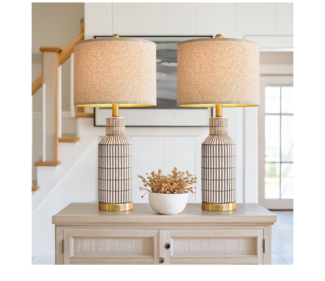 25" Modern 3-Way Dimmable Touch Control with USB A+C Ceramic Table Lamp for Living Room Bedroom Farmhouse Nightstand Bedside Brown, 1 Pack