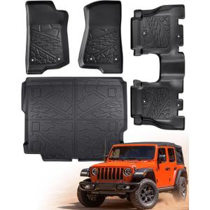 Floor Mats Cargo Liner for Jeep Wrangler JL 4X4 2018-2025 Without SUBWOOFER (Non JK or 4XE) All Weather Protector TPE Tech Trunk Mats for Wrangler JL 2019 2020 2021 2022 2023 2024 Accessories