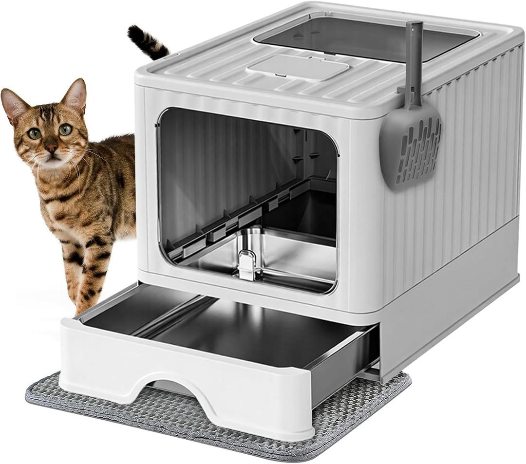 Stainless Steel Cat Litter Box With Lid, Top & Front Entry Enclosed Metal Litter Box, Large Covered Drawer Type Foldable Cat Litter Pan With Litter Scoop & Mat, Easy to Clean,Odor Control (Grey)