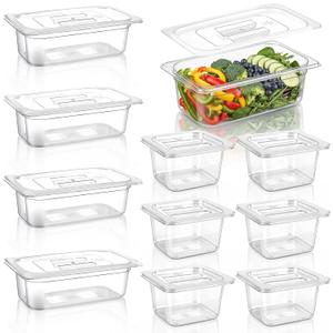 Sliner 10 Pack Plastic Clear Food Pans with Lids, Including 6 x 1/6 Size and 4 x 1/3 Size, 4 Inches Deep, Stackable and Freezer Safe Commercial Food Storage Containers for Fridge Salad Polycarbonat