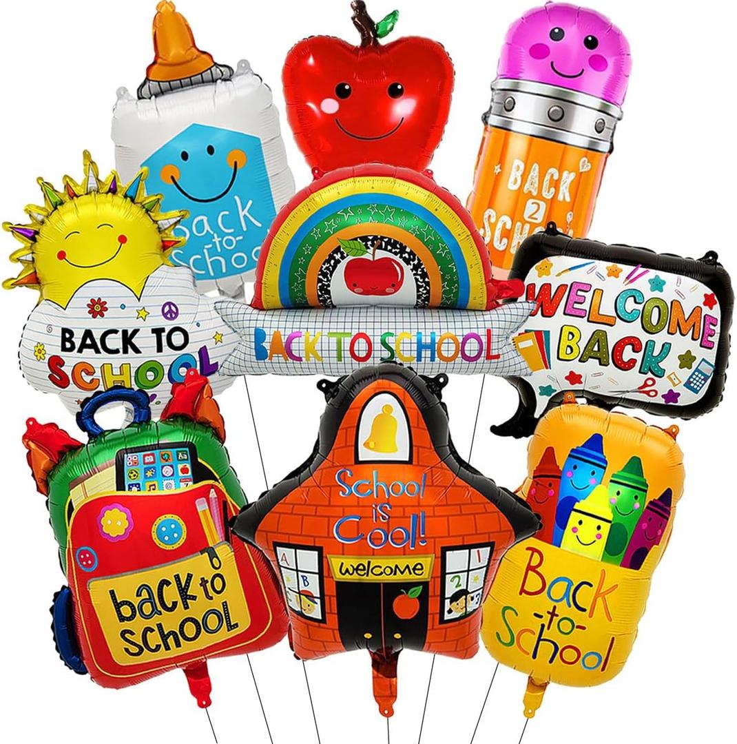 9Pcs Back To School Balloons Schoolbag Crayon Pencil Balloons First Day of School Balloons for Welcome Back To School Decorations Supplies