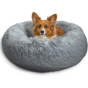 Best Friends by Sheri The Original Calming Donut Dog Bed  Washable Plush Pet Bed for Medium Breeds up to 45 lbs, Shag Faux Fur, Gray, Medium (30"x30")
