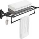 BESy 24 Inch Matte Black Towel Racks, Bathroom Towel Shelf with Foldable Towel Bar Holder and Towel Hooks, Wall Mounted Multifunctional Bathroom Accessories, Double Towel Bars