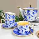 Bone China Tea Set for Adults, Blue and White Porcelain Tea Sets, Bone China Tea Cup Set With Teapot Creamer Pitcher Sugar Bowl and Teaspoons, Vintage Tea Sets for Women Tea Part