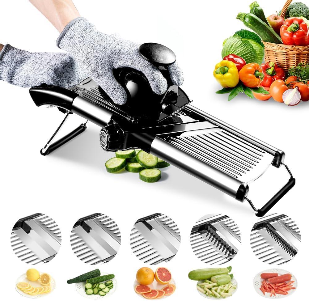 Mandoline Food Slicer, Adjustable Mandoline Slicer for Kitchen, Stainless Steel Mandolin Vegetable Chopper for Potato/Tomato/Onion, Vegetable Slicer Julienne Cutter with Cut-Resistant Gloves (Silver)