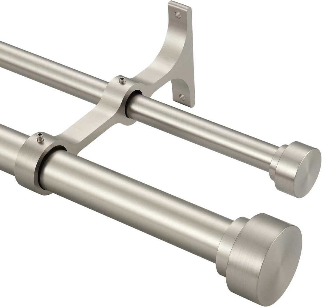 Heavy Duty Double Curtain Rods with Cylindrical Cap Finials - 36 to 72' Telescoping Rods, 1 Inch Front and 5/8 Inch Back - Matte Nickel