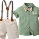 Baby Boys Shorts Sets,Infant Shirt + Shorts + Bow Tie + Suspenders,Toddler Summer Gentleman Outfits (2-3T, Grey+green)