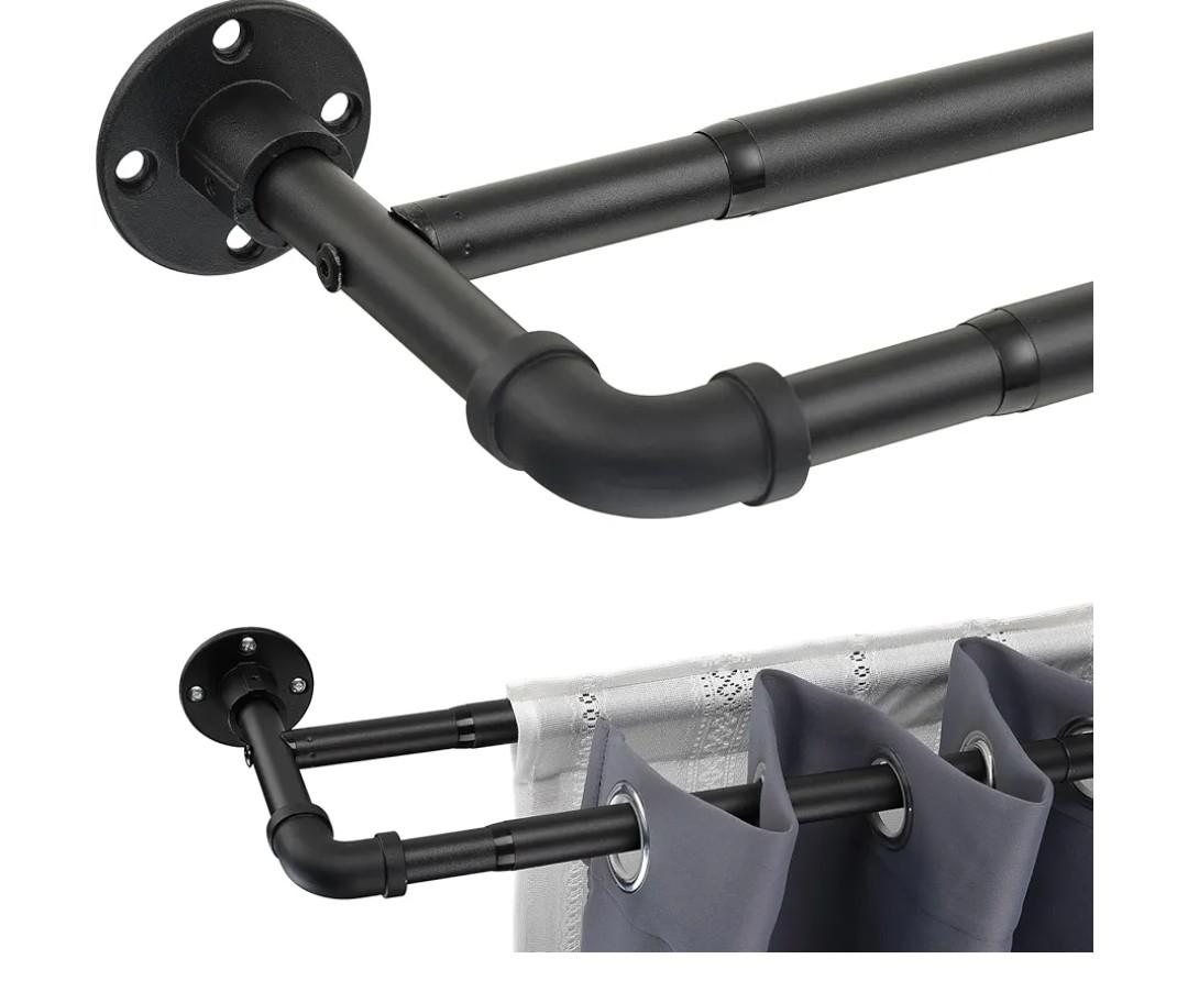 Double Curtain Rods for Windows 28 to 48 inch, 1 inch Matte Black Industrial Curtain Rod Heavy Duty Blackout Wrap Around Curtain Rods