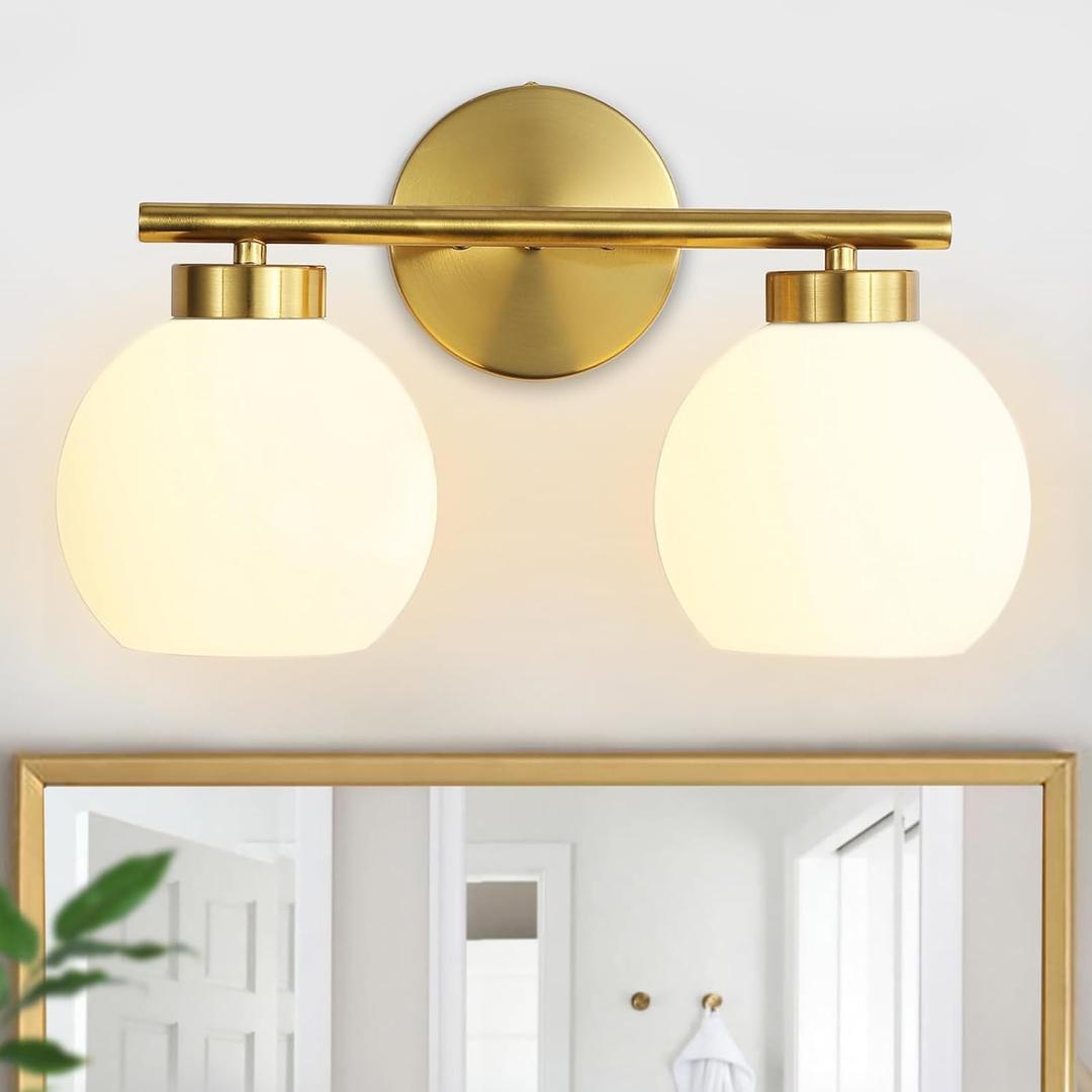 2 Light Bathroom Vanity Light, Gold Bathroom Light Fixtures Over Mirror, Mid Century Modern Wall Sconce with Frosted Globe Glass Shades, Brass Vanity Light, E26 Socket